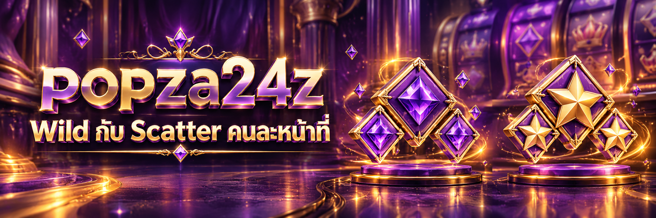 แผ่นเพชรม่วงกับดาวทองในกรอบทองสองกลุ่มบนแท่นม่วง